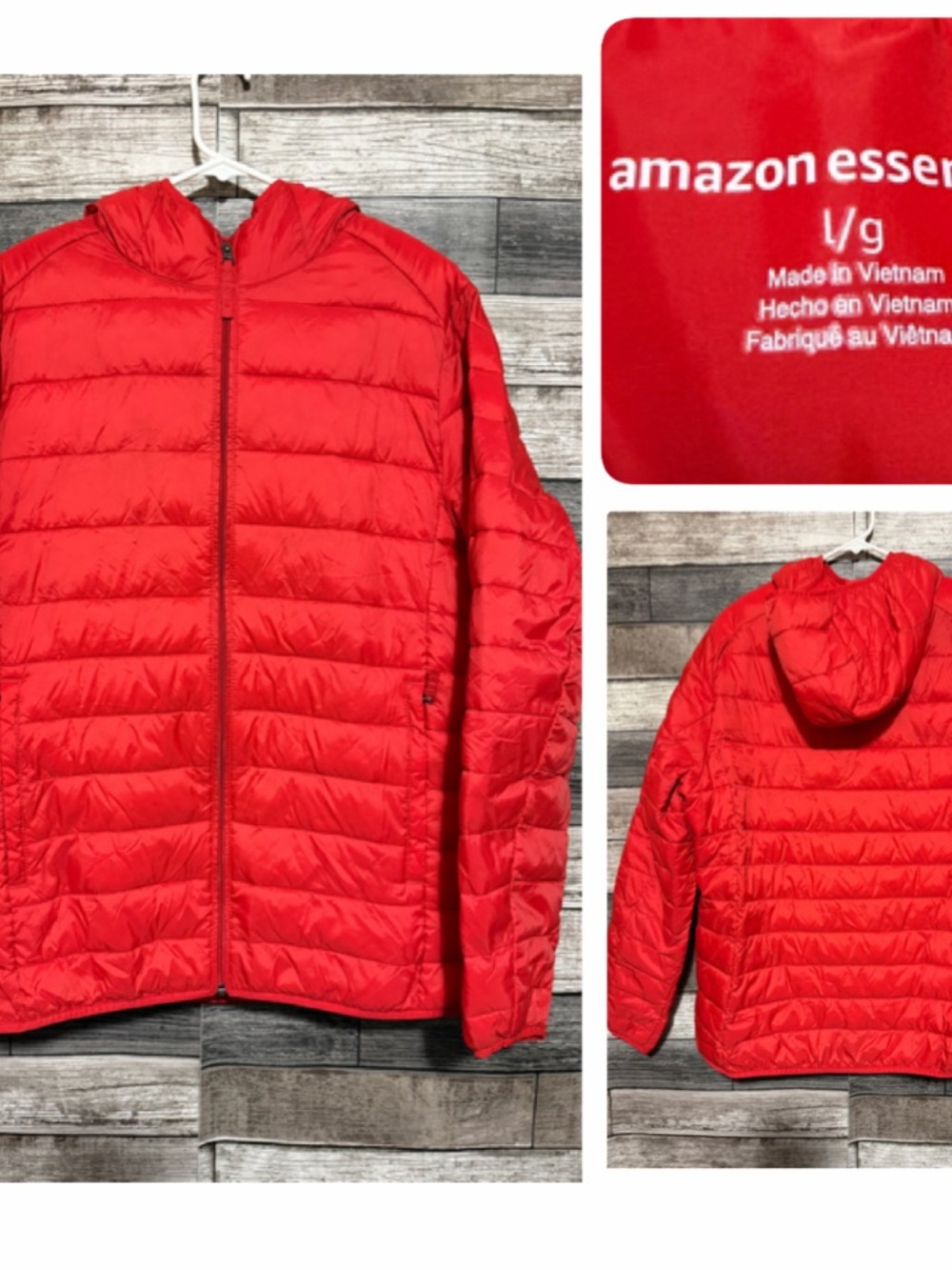 Amazon Essentials Hooded Puffer Jacket Men’s L Red Full Zip Zipper Pockets
